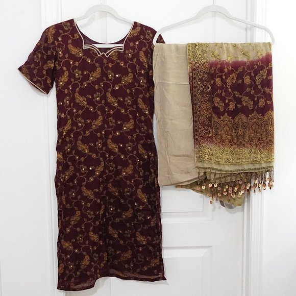 Maroon Beige Shalwar Kameez Pakistani/Indian 3 piece Suit - Casual Party Wear - Picture 1 of 2